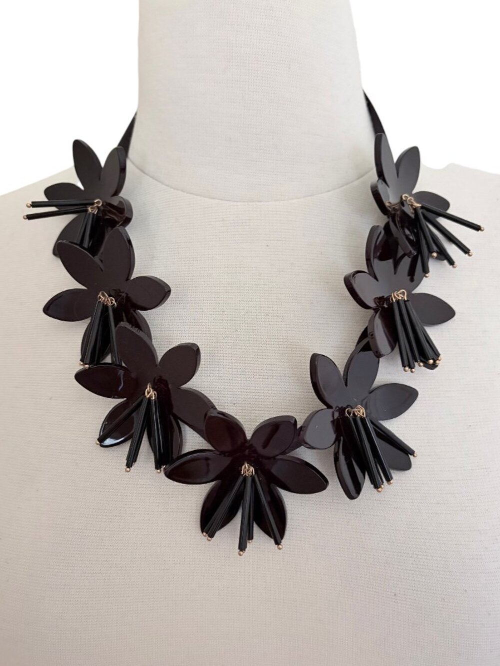 Black floral statement necklace w ribbon ties